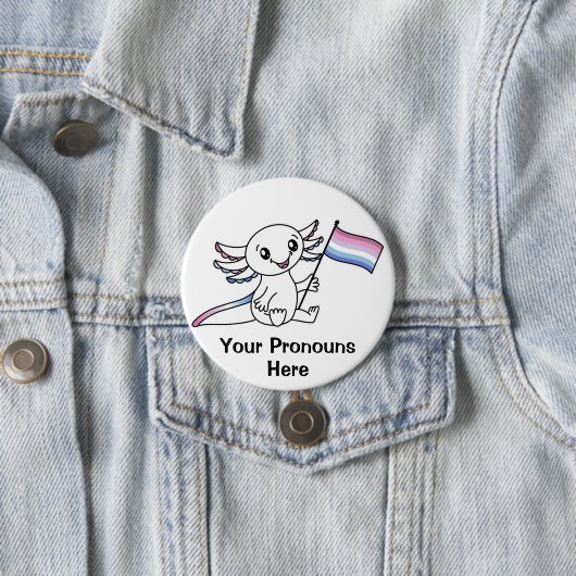 Badge Rond 7,6 Cm PRONONOUNS mignon Axolotl avec drapeau Bigender Pr (En situation)