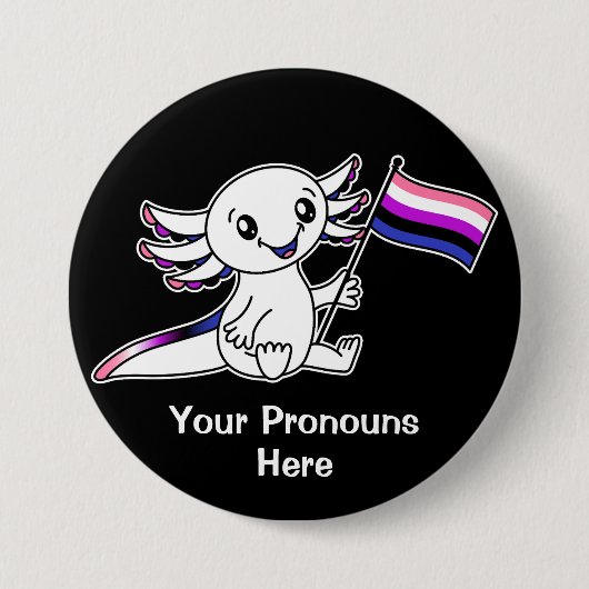 Badge Rond 7,6 Cm PRONONOUNS mignon Axolotl avec drapeau Genderfluid (Devant)