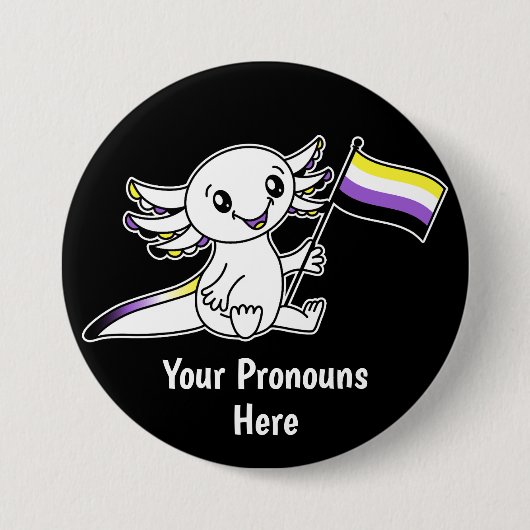 Badge Rond 7,6 Cm PRONONOUNS Symte Axolotl Non binaire Pride drapeau (Devant)