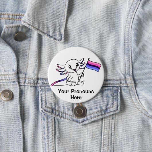Badge Rond 7,6 Cm PRONONOUNS Symte Axolotl Omnisexual Pride drapeau  (En situation)