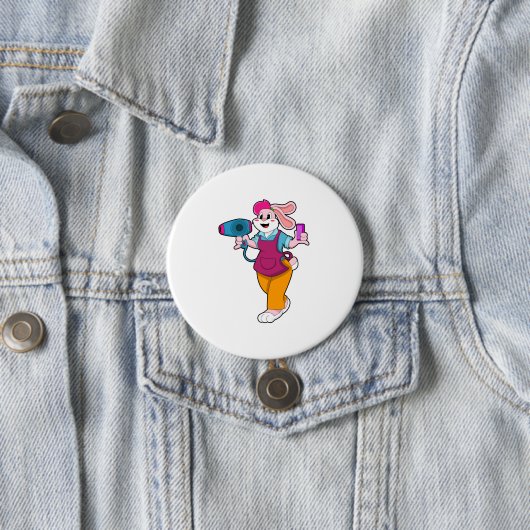 Badge Rond 7,6 Cm Rabbit en coiffeur avec sèche-cheveux & peigne (En situation)