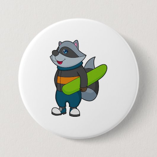 Badge Rond 7,6 Cm Racoon as Snowboarder avec snowboard (Devant)