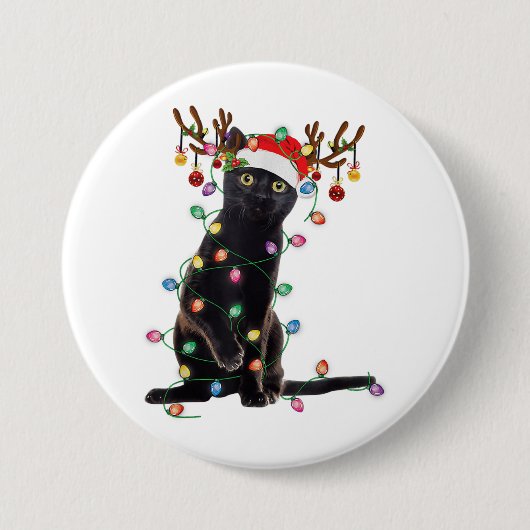 Badge Rond 7,6 Cm Reindeer Chat Noir Feux de Noël Drôle Chat Amour (Devant)
