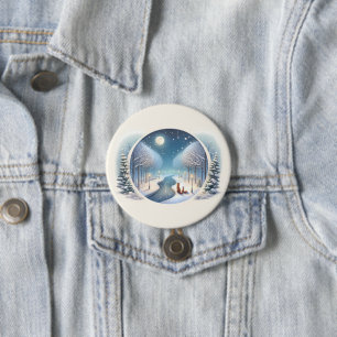 Badge Rond 7,6 Cm Renards d'hiver au bord d'une rivière enneigée sou