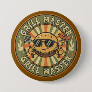 Badge Rond 7,6 Cm Retro Grill Master Burger Caractère BBQ King Vinta