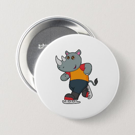 Badge Rond 7,6 Cm Rhino at Ice skating with Ice skates (Devant & derrière)