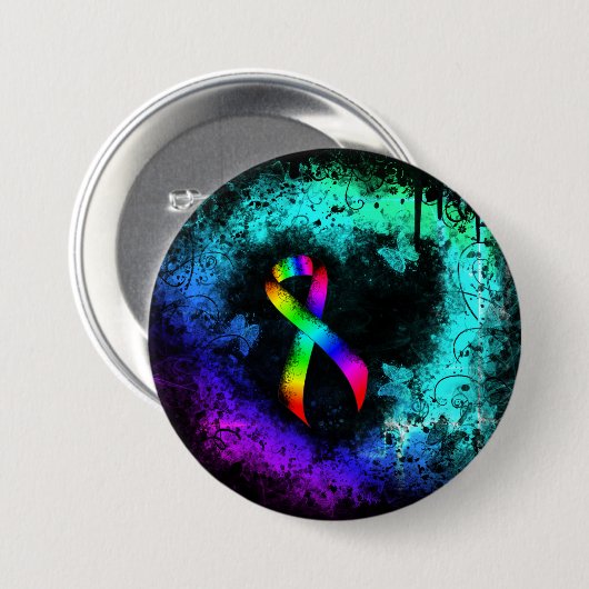 Badge Rond 7,6 Cm Ribbon de sensibilisation Rainbow Grunge Coeur Pin (Devant & derrière)