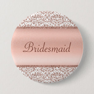 Badge Rond 7,6 Cm Rose Gold Métallic Damassé Mariage Demoiselle d'Ho