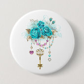 Badge Rond 7,6 Cm Roses turquoise avec touches (Devant)