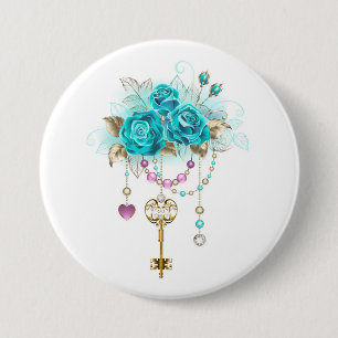 Badge Rond 7,6 Cm Roses turquoise avec touches