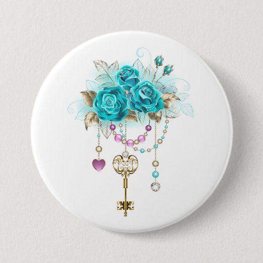 Badge Rond 7,6 Cm Roses turquoise avec touches (Devant)