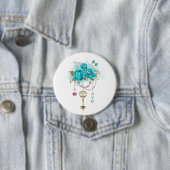 Badge Rond 7,6 Cm Roses turquoise avec touches (En situation)