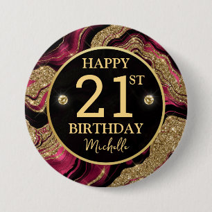 Badge Rond 7,6 Cm Rouge élégant et paillettes dorées Agate Anniversa