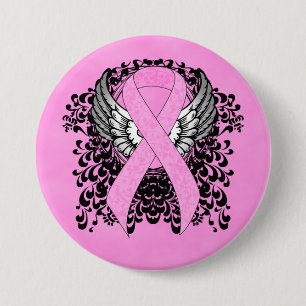Badge Rond 7,6 Cm Ruban de sensibilisation rose avec ailes