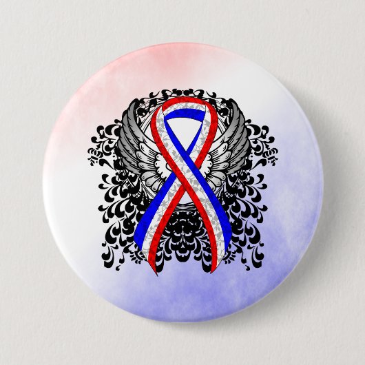 Badge Rond 7,6 Cm Ruban rouge, blanc et bleu avec ailes (Devant)