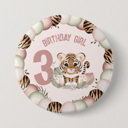 Badge Rond 7,6 Cm Safari Tigre mignon Bouton Fille Anniversaire (Devant)
