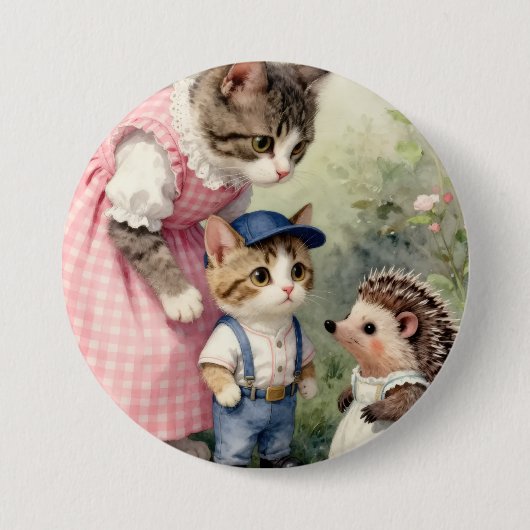 Badge Rond 7,6 Cm Salutations du premier jour - Chat et hérisson (Devant)