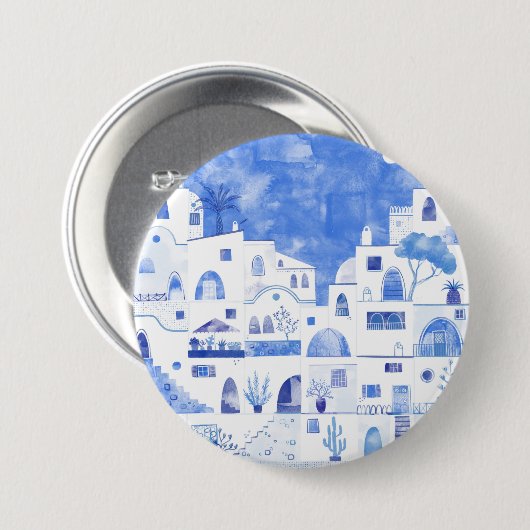 Badge Rond 7,6 Cm Santorin Grèce Aquarelle Townscape (Devant & derrière)