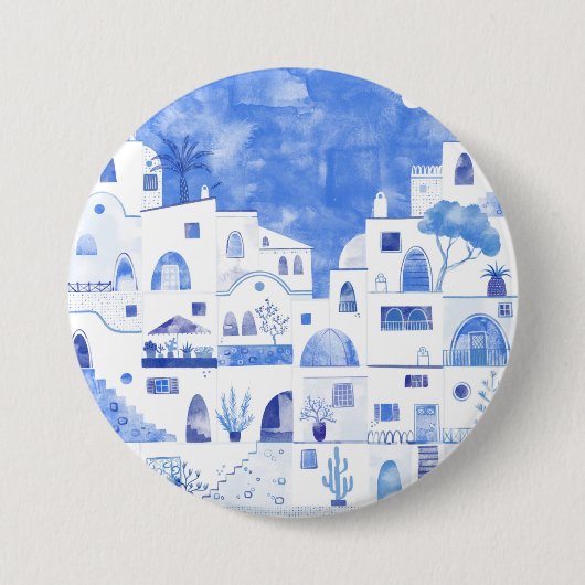 Badge Rond 7,6 Cm Santorin Grèce Aquarelle Townscape (Devant)