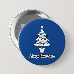 Badge Rond 7,6 Cm Sapin de Noël Blanc Décorations Bleues - Joyeux No