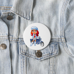 Badge Rond 7,6 Cm Sassy Biker Girl avec cheveux rouges et moto