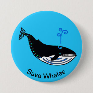Badge Rond 7,6 Cm Sauvons les BALEINES - Animaux en danger - Bleu oc