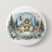 Badge Rond 7,6 Cm Scène de Cabane enneigée lumineuse (Devant)