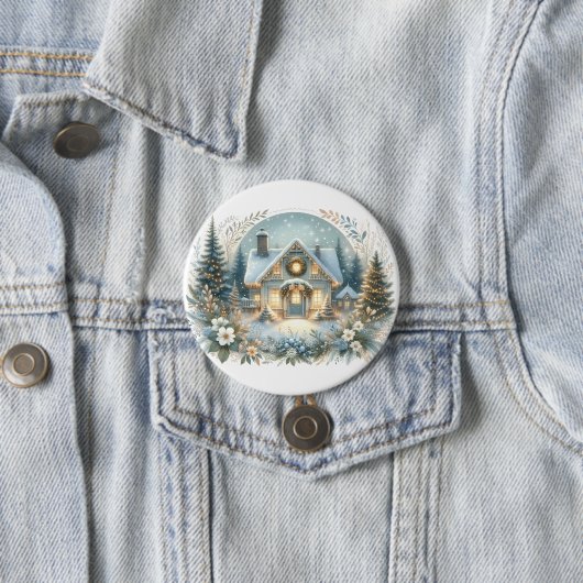 Badge Rond 7,6 Cm Scène de Cabane enneigée lumineuse (En situation)