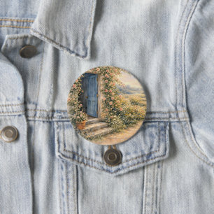 Badge Rond 7,6 Cm Scène de chemin fleuri à la porte bleue du jardin