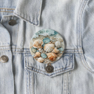 Badge Rond 7,6 Cm Scène de coquillages de mer côtiers à l'aquarelle