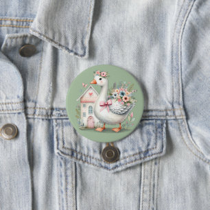 Badge Rond 7,6 Cm Scène de maison florale de cottage à l'oie