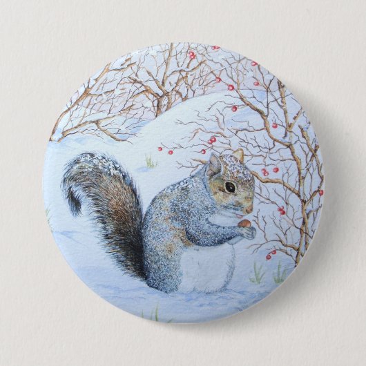 Badge Rond 7,6 Cm scène de neige d'écureuil gris (Devant)