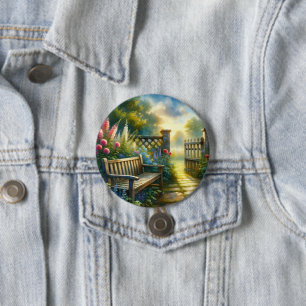 Badge Rond 7,6 Cm Scène de porte de jardin ensoleillé