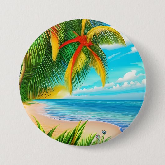 Badge Rond 7,6 Cm Scène Tropical Beach Palm Tree (Devant)