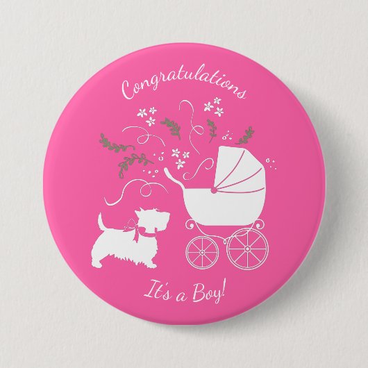 Badge Rond 7,6 Cm Scotty Chien Baby shower écossais Terrier rose (Devant)