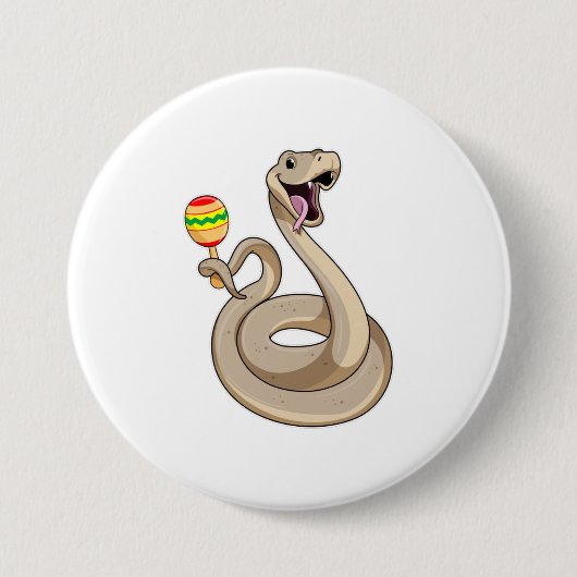 Badge Rond 7,6 Cm Serpent en musicien avec Maracas (Devant)