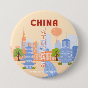 Badge Rond 7,6 Cm Shanghai Chine Rétro Pastel Art de Voyage