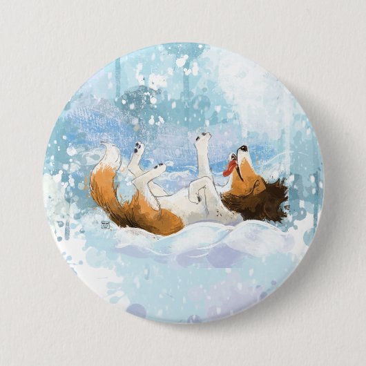 Badge Rond 7,6 Cm Sheldon le Sheltie Joue dans la Neige (Devant)