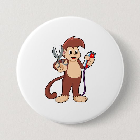 Badge Rond 7,6 Cm Singe comme coiffeur avec ciseaux et razor (Devant)