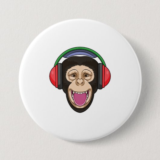 Badge Rond 7,6 Cm Singe dans la musique avec casque (Devant)