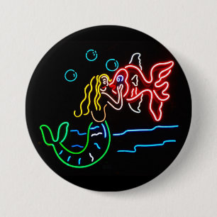 Badge Rond 7,6 Cm Sirène embrassant des poissons en néon