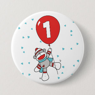 Badge Rond 7,6 Cm Sock Monkey premier anniversaire