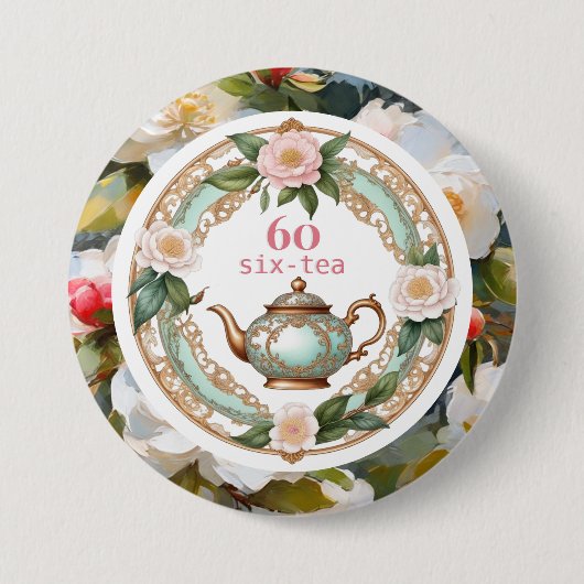 Badge Rond 7,6 Cm Soixante Thé Lover Teapot Fleur de feuille 60e ann (Devant)