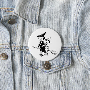 Badge Rond 7,6 Cm Sorcière d'Halloween et clown chevauchant un balai