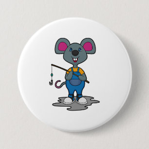 Badge Rond 7,6 Cm Souris comme Fisher avec une baguette de pêche