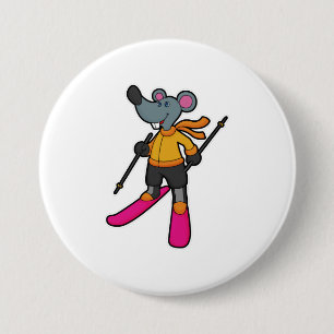 Badge Rond 7,6 Cm Souris comme skieur avec ski
