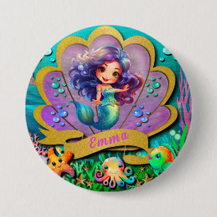 Badge Rond 7,6 Cm Sous la mer et sirène fête d'anniversaire fille