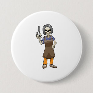 Badge Rond 7,6 Cm Squelette comme coiffeur avec ciseaux