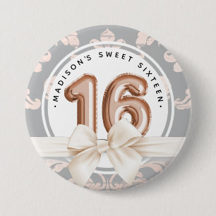 Badge Rond 7,6 Cm Sweet 16 Or Rose de luxe Balloons Damask