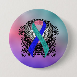Badge Rond 7,6 Cm Teal/Pink/Blue Ribbon with Wings
